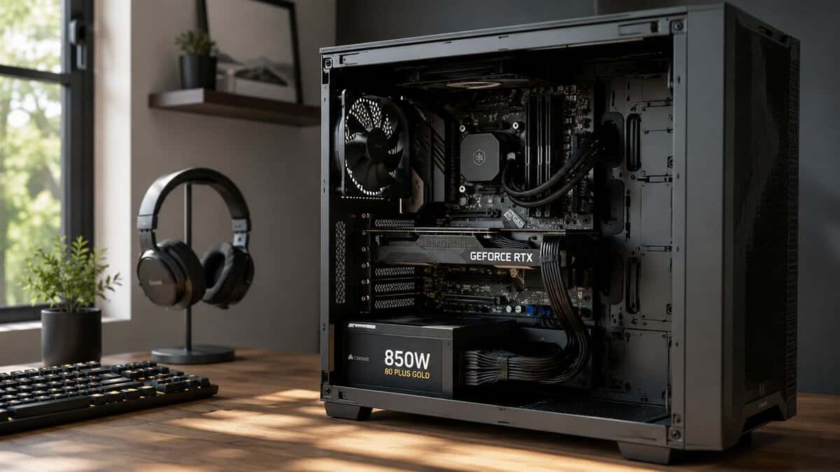 Best 850W PSU installed in an RGB gaming PC beside a gaming monitor