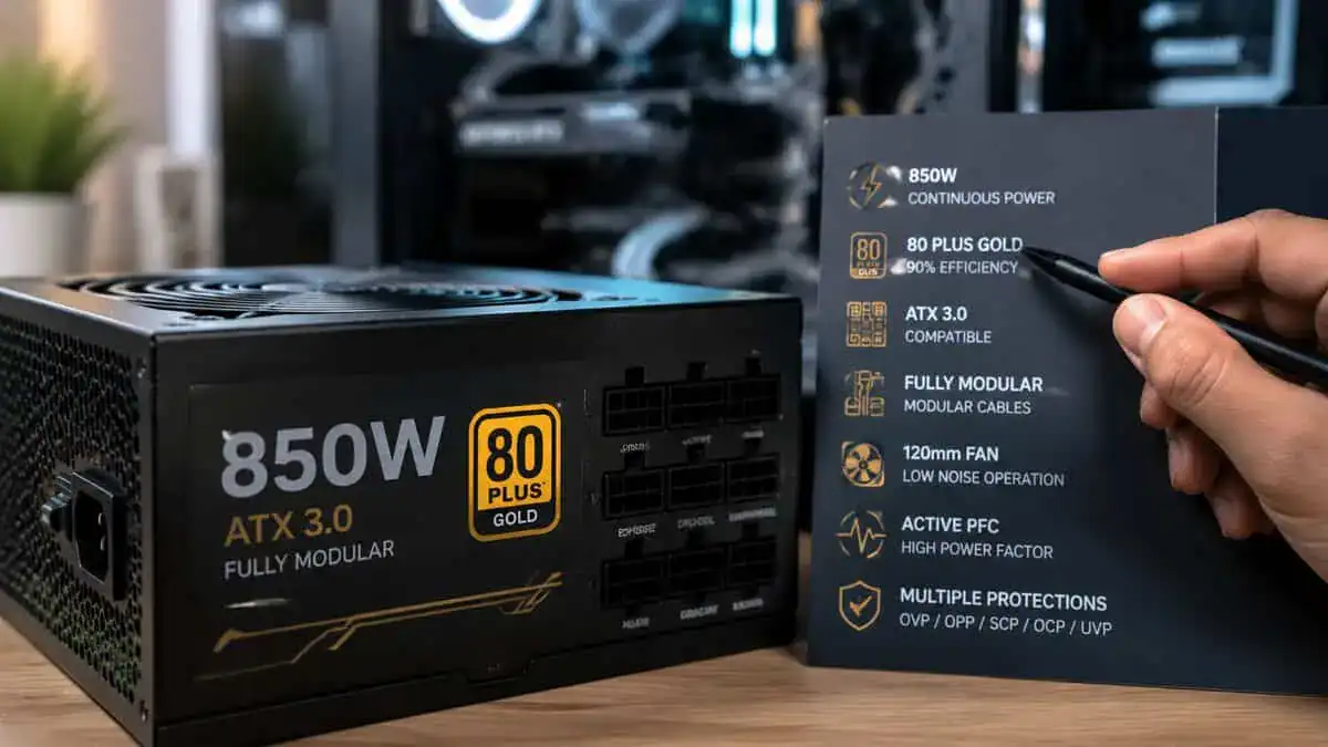 The best 850W PSU shown as a black fully modular ATX 3.1 unit with a spec chart