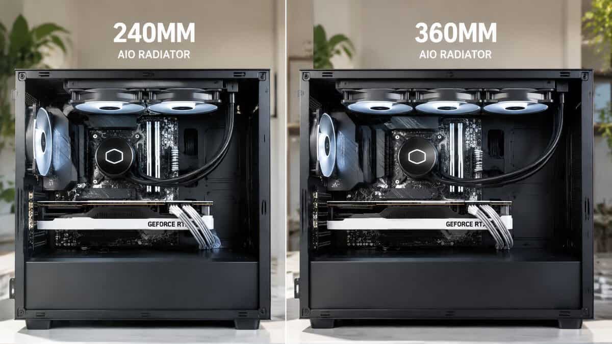 Two black PC cases compared side by side, one with a 240mm radiator and one with a 360mm radiator, showing how case room shapes the best AIO cooler pick