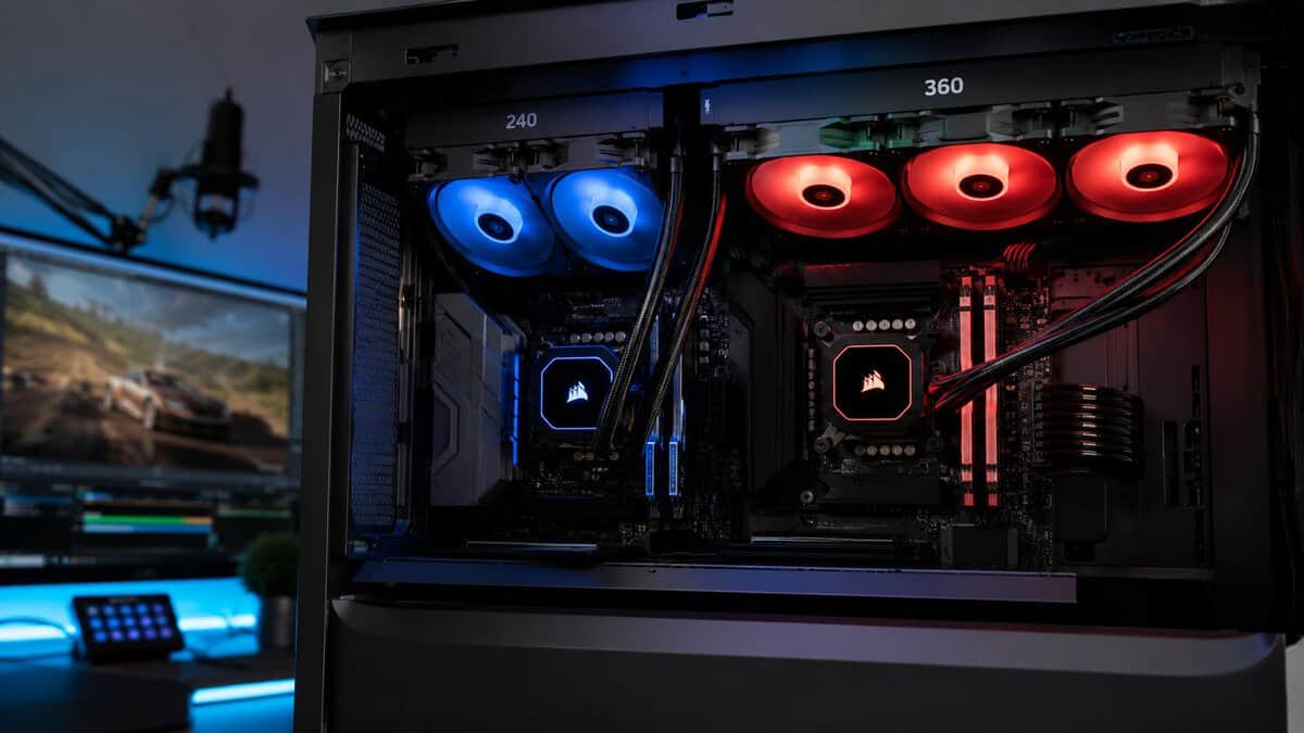 Dual-chamber gaming PC running a 240mm and a 360mm liquid cooler side by side with blue and red fans, framing the radiator-size choice at the heart of any best AIO cooler decision