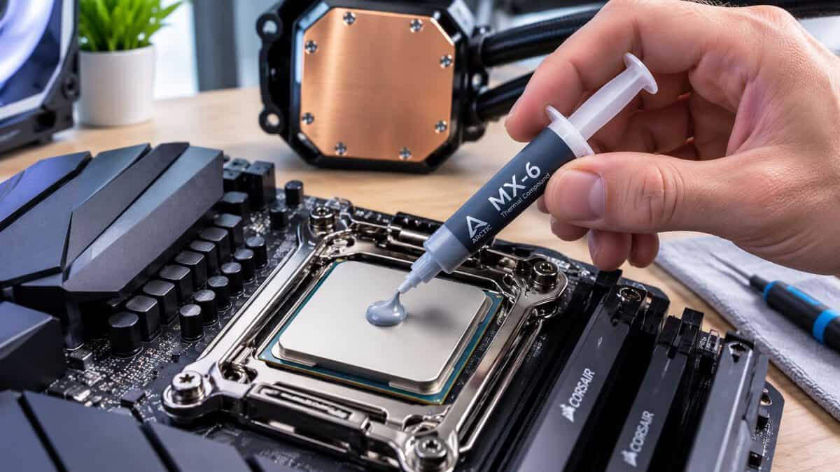 Hands applying Arctic MX-6 thermal paste to a CPU before mounting a water block, the prep step that helps any best AIO cooler hit its rated numbers