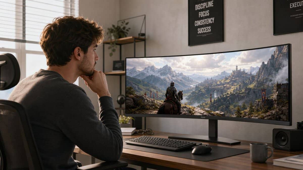 Gamer at a home desk playing an open-world game on a curved ultrawide while shopping for the best 49 inch monitor