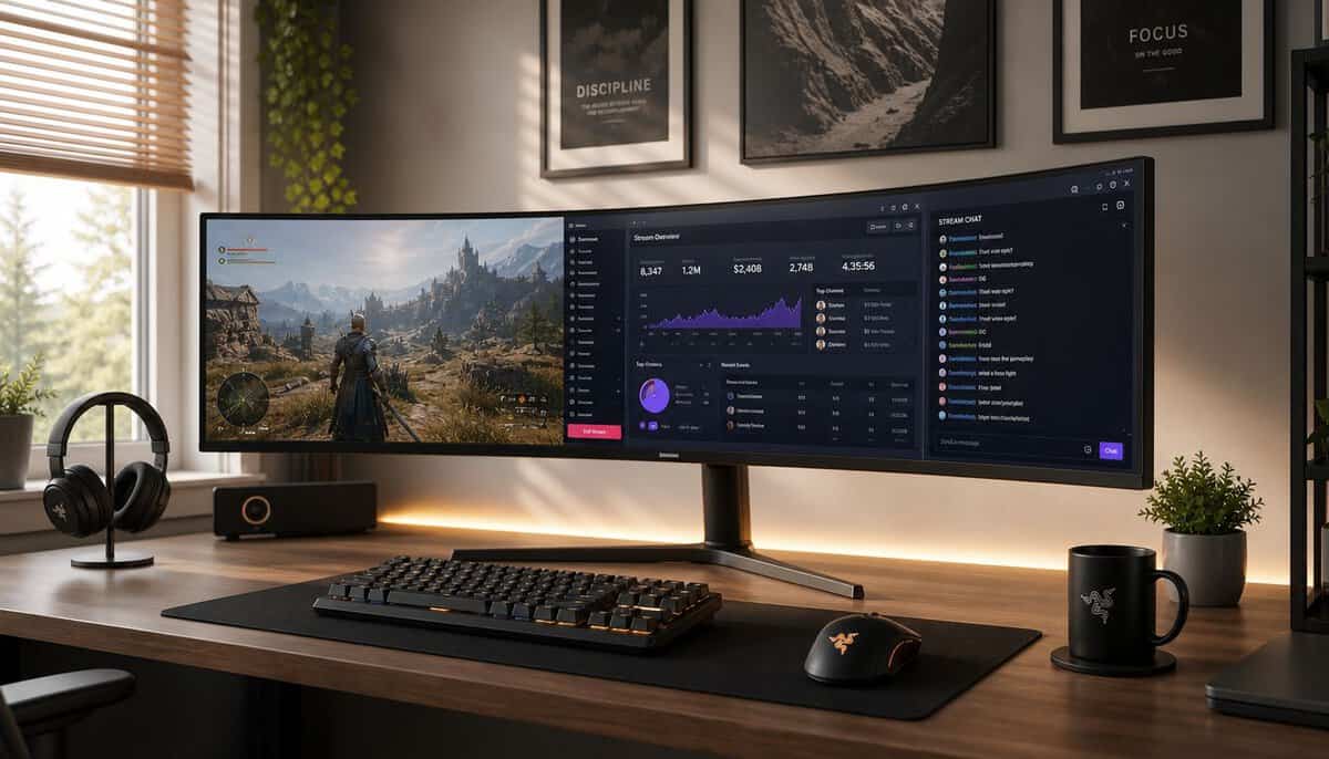 Best 49 inch monitor battlestation with a curved super ultrawide showing a game, stream dashboard, and chat side by side