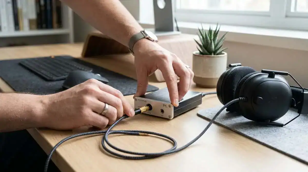 Hands plugging a headphone cable into a best budget DAC beside over-ear headphones on a desk
