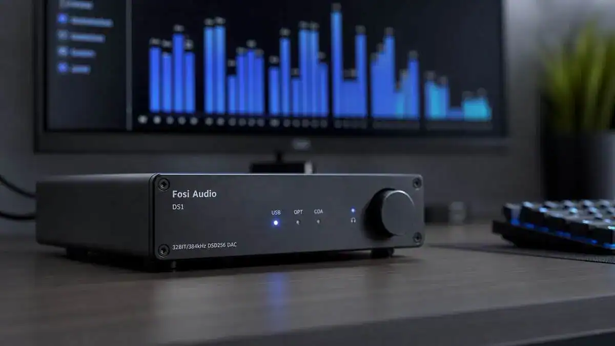 Fosi Audio DS1 best budget DAC on a desk with a blue audio visualizer and a backlit gaming keyboard