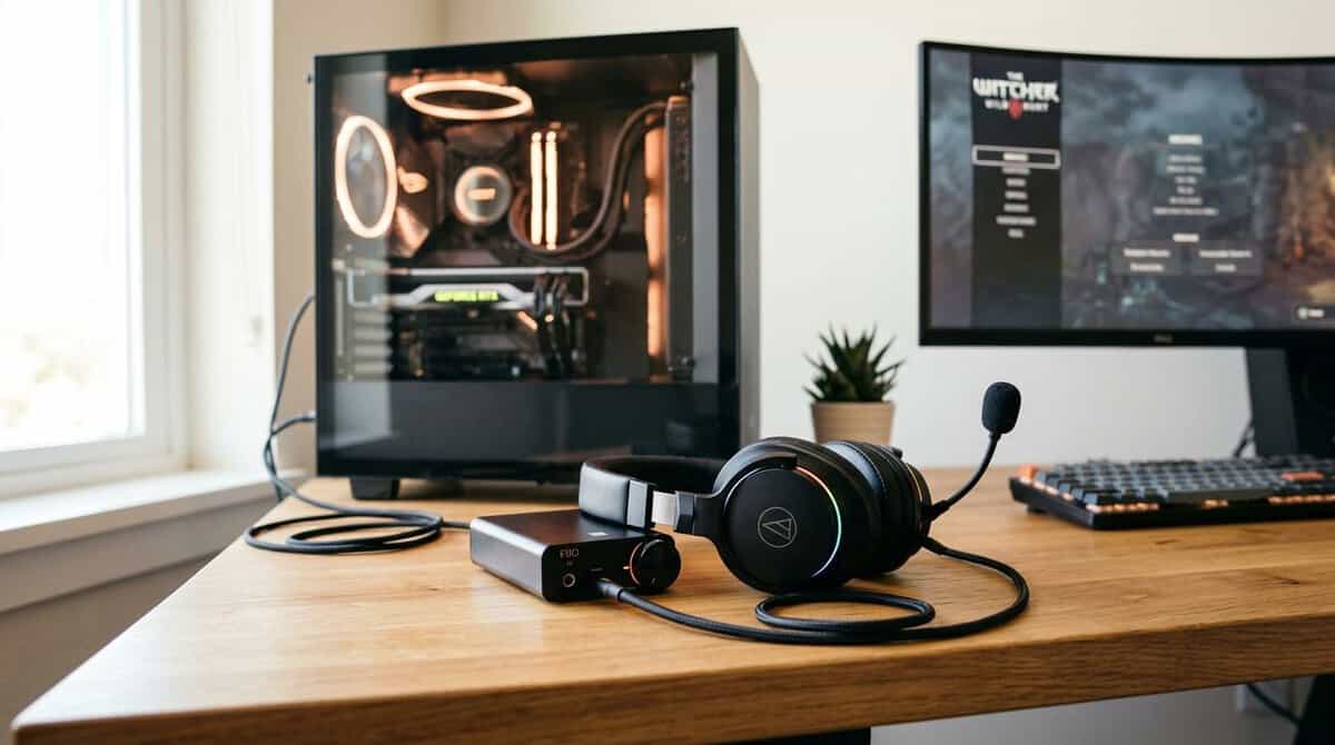 Best budget DAC and gaming headset connected to an RGB gaming PC and curved monitor on a wooden desk