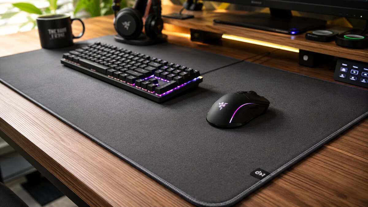 Stitched-edge black desk mat under an RGB mechanical keyboard and gaming mouse on a walnut desk, the clean full-coverage look the best desk mat gives a setup