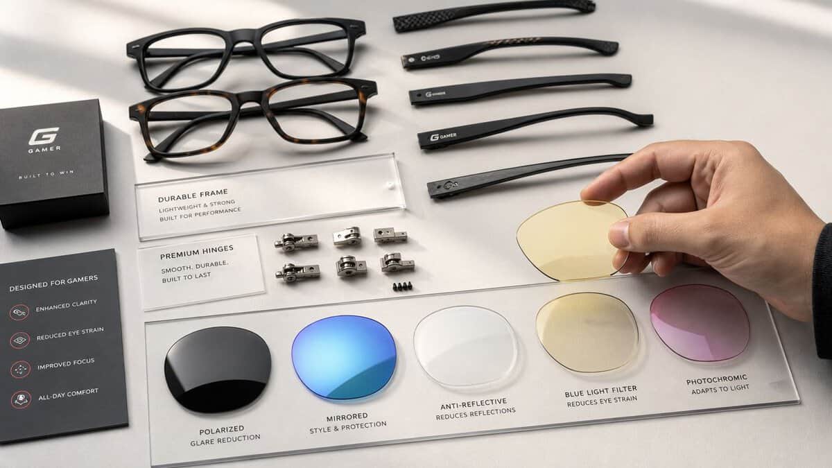 Lens options for the best gaming glasses laid out on a table, from polarized to blue light filtering tints