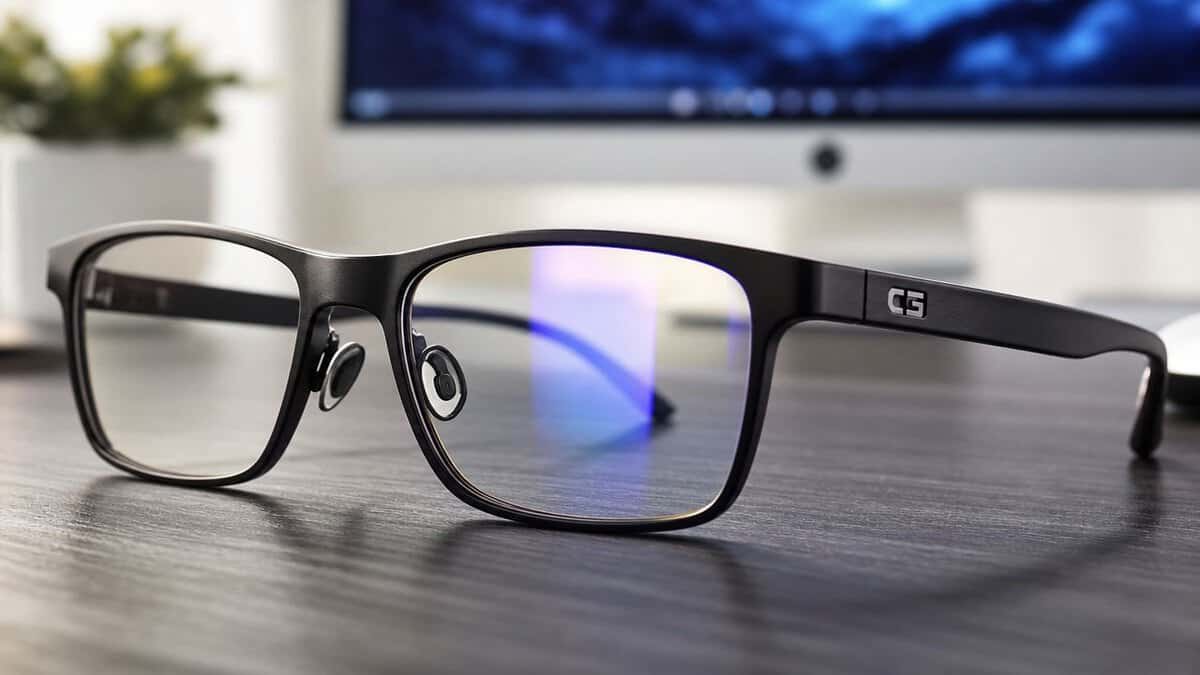 Metal-framed pair of the best gaming glasses with a blue light reflection across the lens