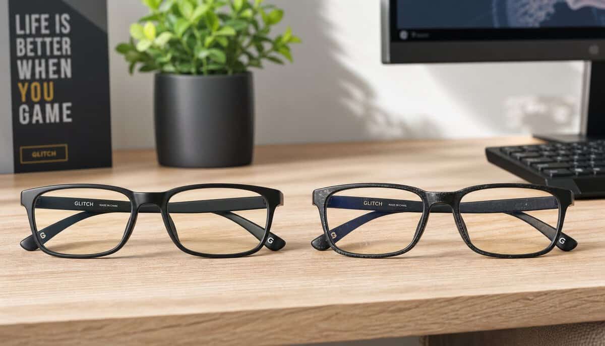 Two pairs of the best gaming glasses with clear lenses on a desk beside a keyboard