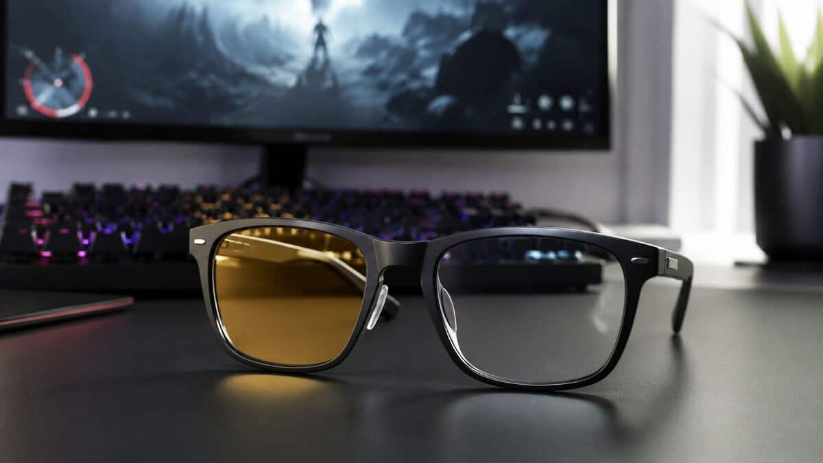 Best gaming glasses on a desk: an amber lens pair and a clear lens pair in front of an RGB keyboard and gaming monitor