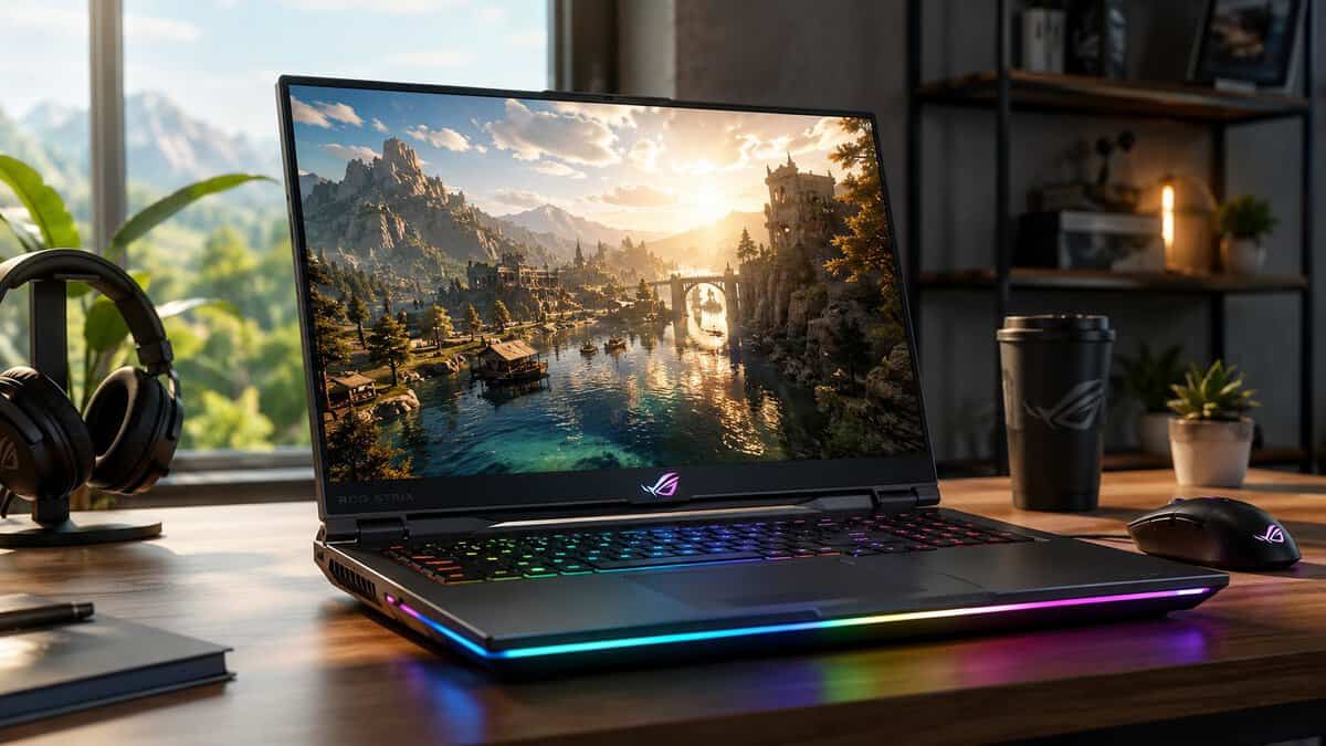 RGB-lit ASUS ROG gaming laptop displaying a fantasy landscape beside a headset stand, one style of machine shoppers weigh in the best gaming laptop under 2000 hunt.