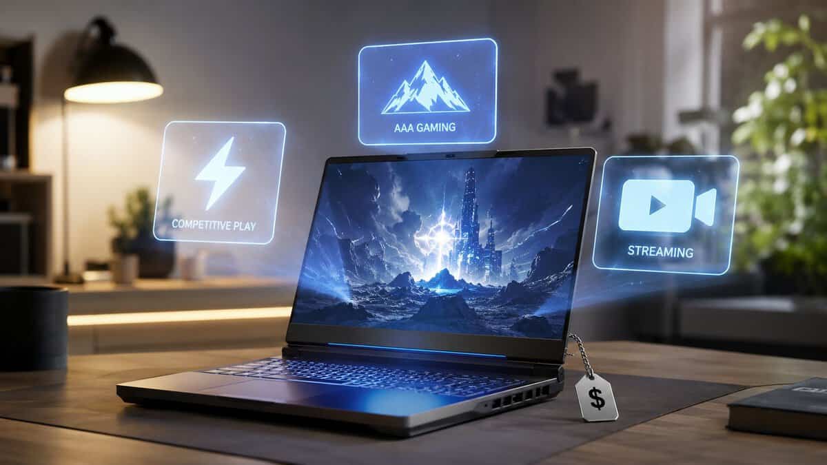 Gaming laptop on a desk surrounded by holographic icons for competitive play, AAA gaming, and streaming, showing everything the best gaming laptop under 2000 has to handle.