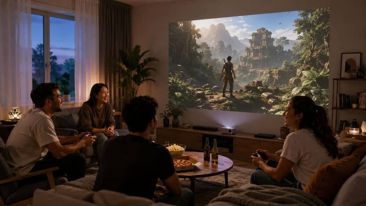 Four friends playing couch co-op on a wall-sized image from the best gaming projector in a cozy living room