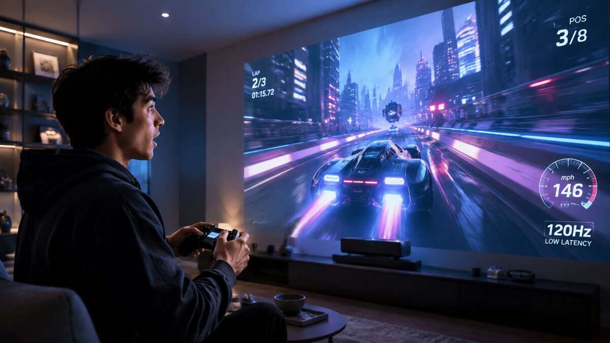 Gamer playing a racing game projected at 120Hz with low latency, the responsiveness the best gaming projector setups deliver
