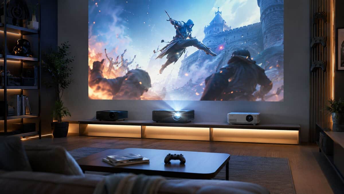 Dark home theater with three best gaming projector candidates lined up on a media console, casting a wall-sized action game