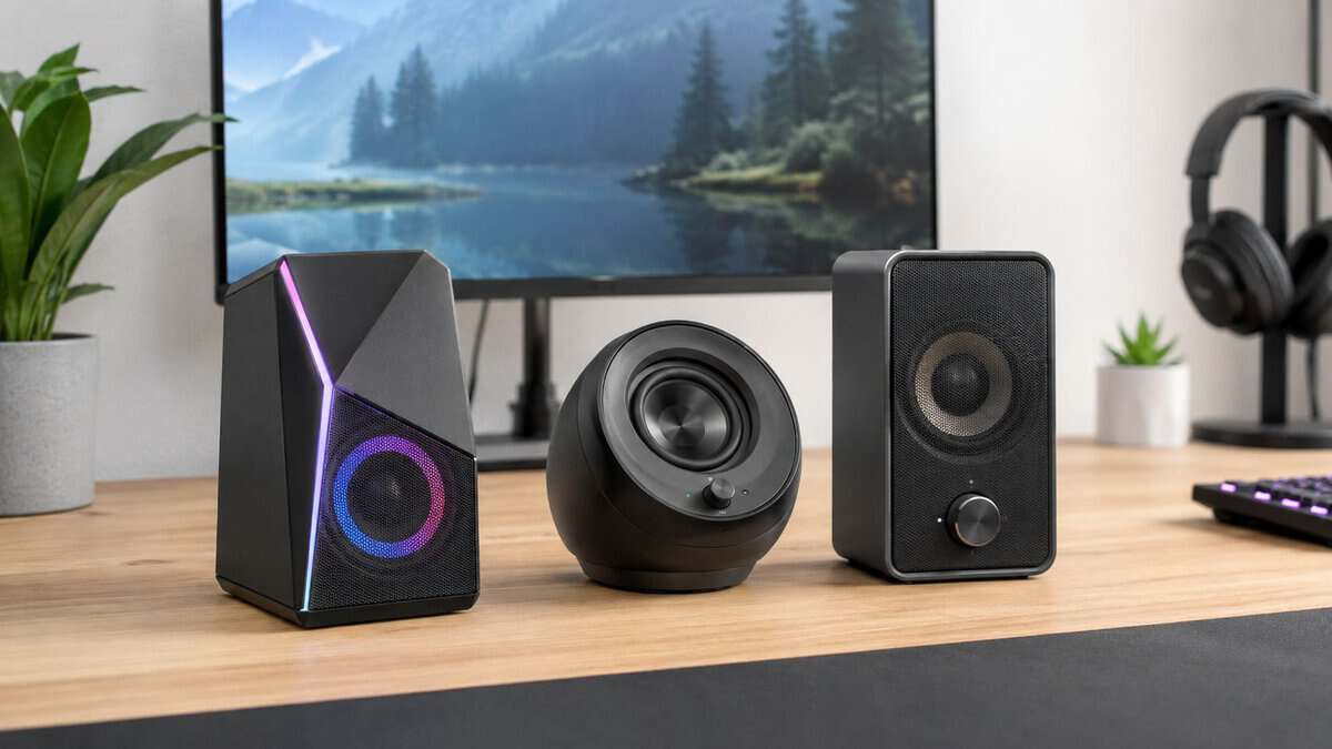 Three of the best gaming speakers side by side on a wooden desk, including an RGB model