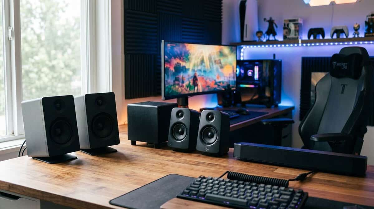 Lineup of the best gaming speakers on a desk in front of an RGB battlestation with an ultrawide monitor