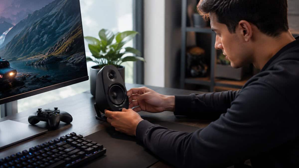 Player positioning one of the best gaming speakers beside his monitor on a gaming desk