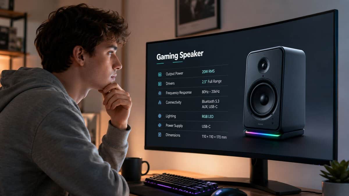 Gamer comparing specs of the best gaming speakers on a curved monitor at his desk