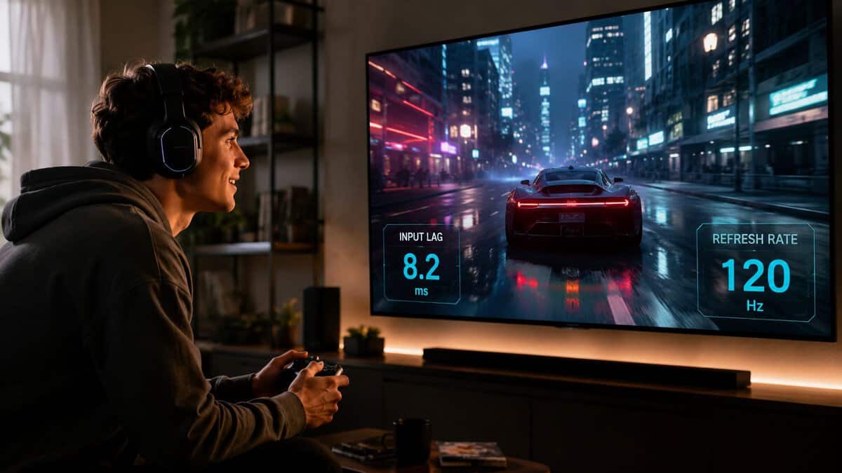 Player with a headset racing on the best gaming TV with input lag and 120Hz refresh rate readouts on screen