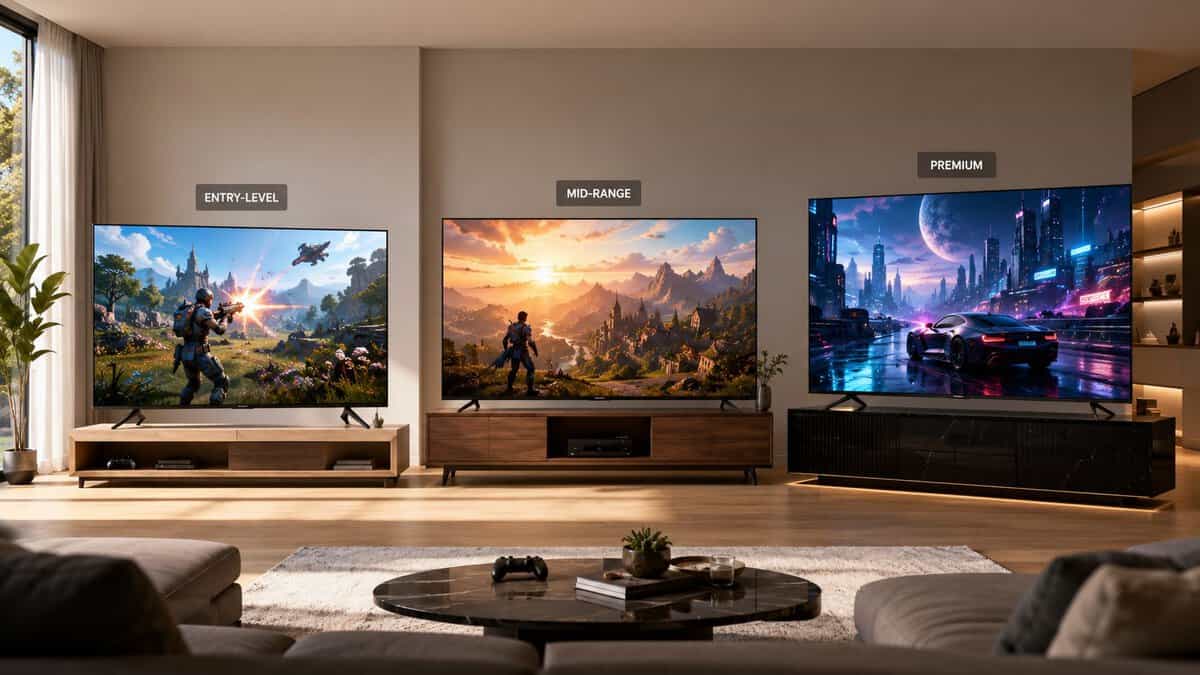 Three tiers of the best gaming TV lineup from entry-level to premium displayed side by side in a living room