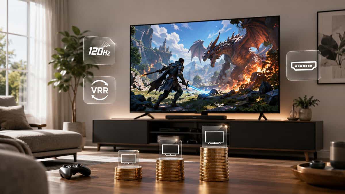 Best gaming TV in a living room showing a dragon battle with 120Hz, VRR, and HDMI feature icons floating beside it