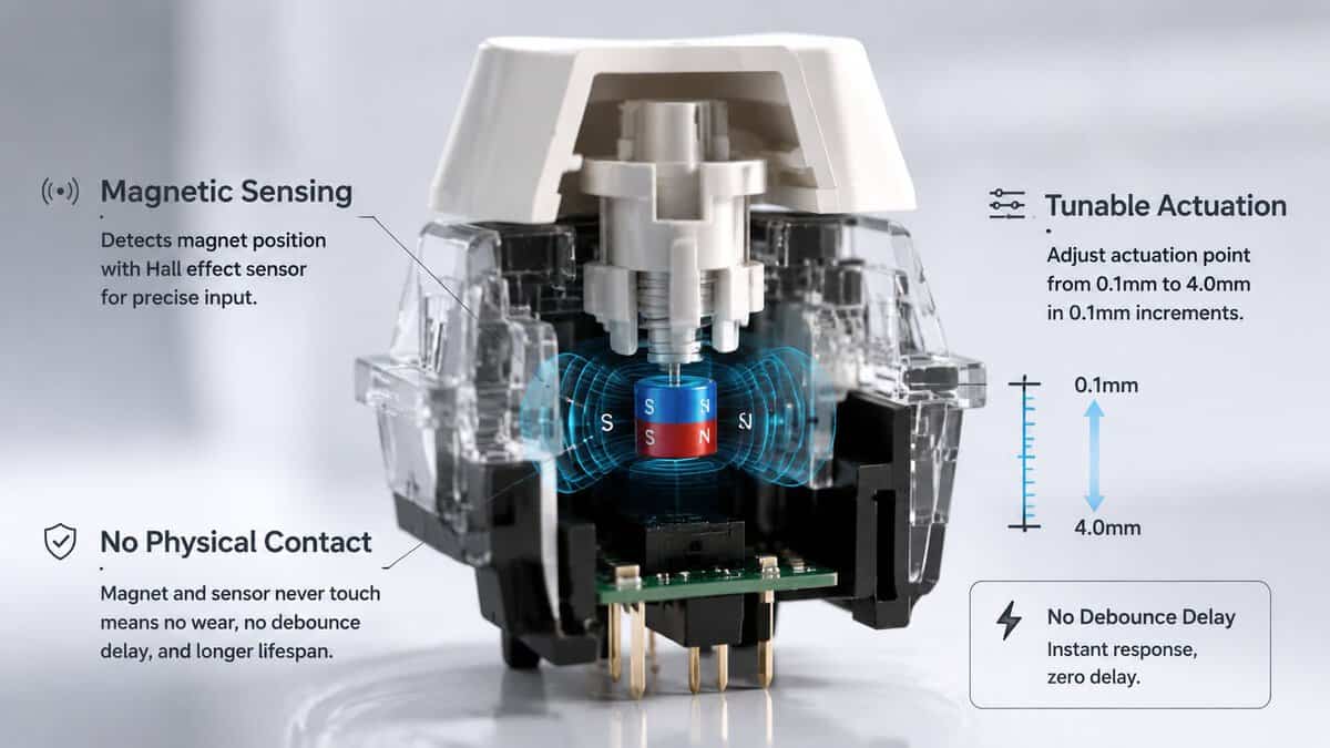 Cross-section of the magnetic switch technology behind the best hall effect keyboard picks, showing the Hall sensor, contactless design, and 0.1 to 4.0 mm tunable actuation