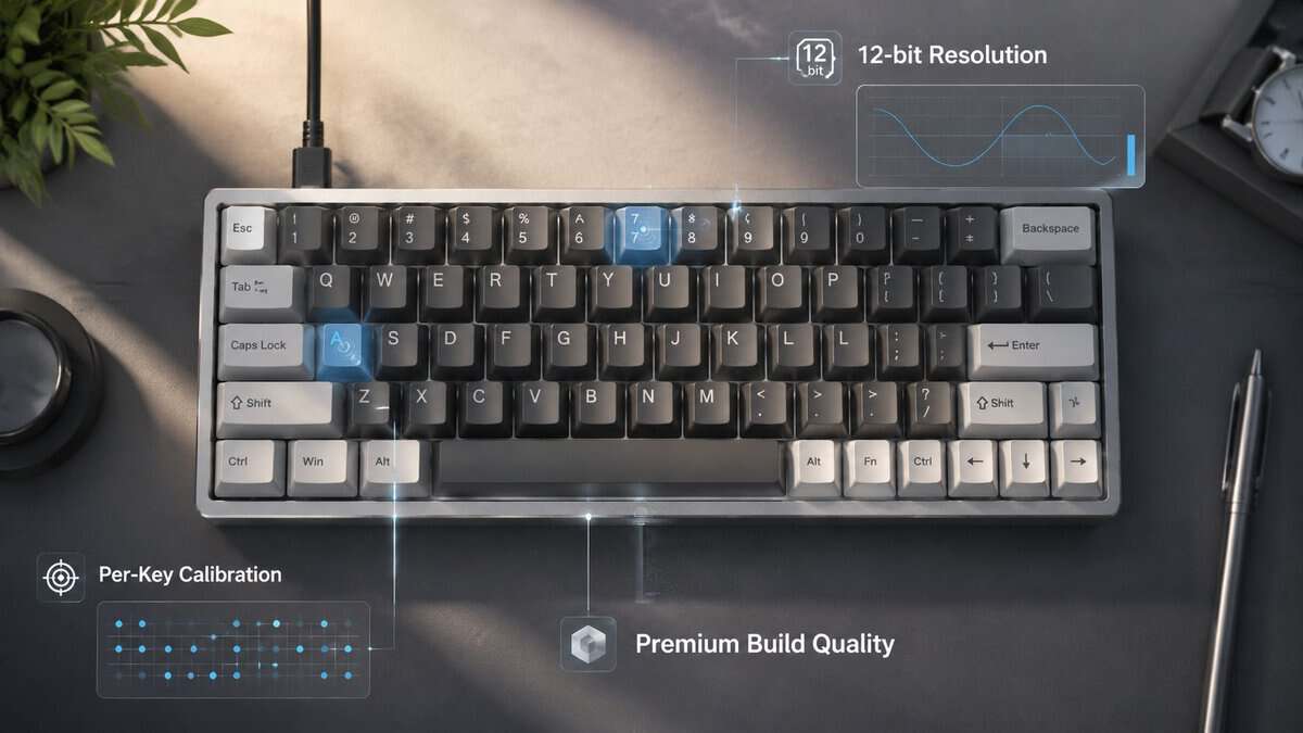 Top-down view of a compact 65% board from our best hall effect keyboard roundup, with callouts for 12-bit resolution, per-key calibration, and build quality