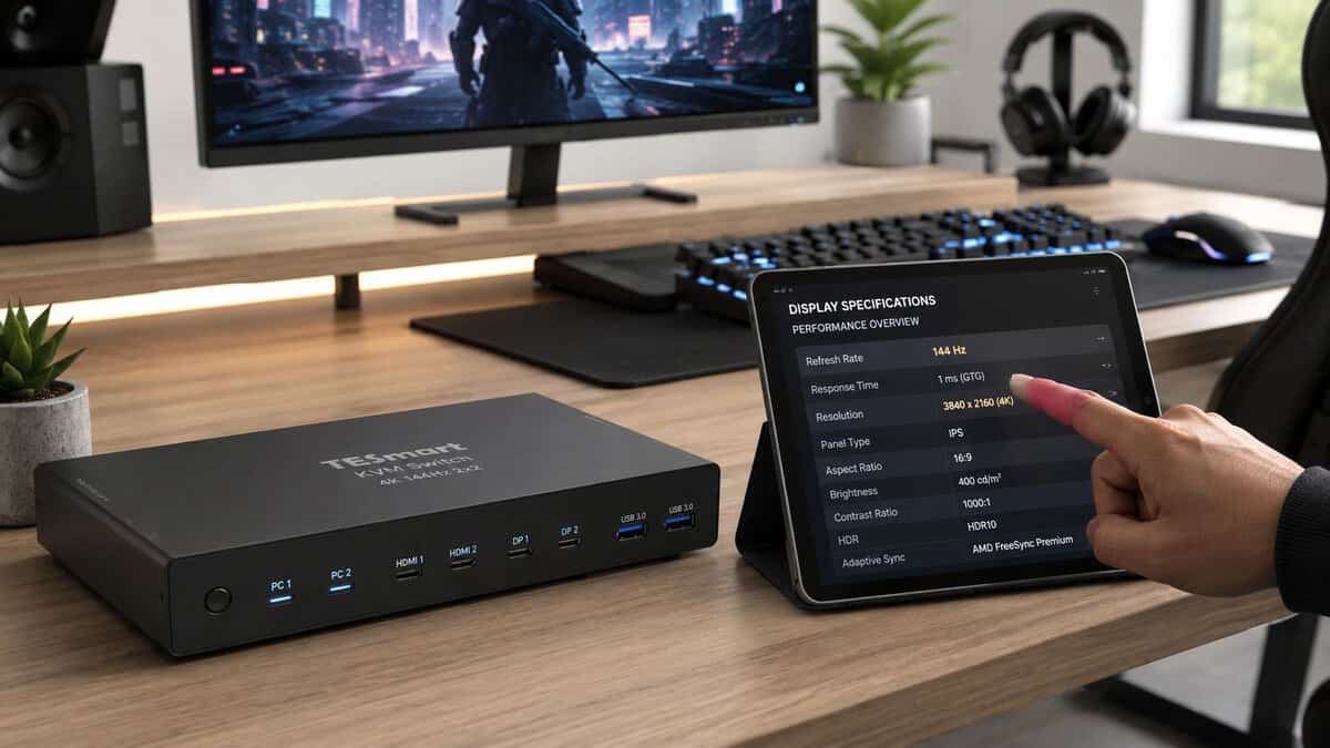 Close-up of a TESmart best KVM switch for gaming with DisplayPort, HDMI, and USB 3.0 ports on a desk