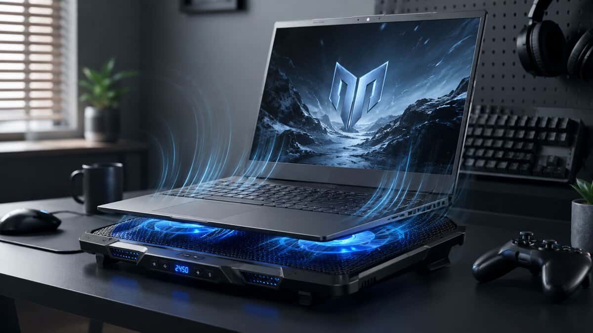 Gaming laptop raised on a blue-lit cooling pad with airflow swirling around the chassis on a dark desk, showing what the best laptop cooling pad looks like in a full gaming setup