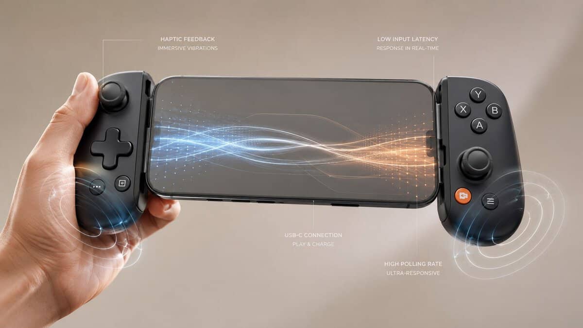 Hand holding a telescopic best phone controller with a mounted phone, with callouts for haptic feedback, low input latency, and USB-C connection