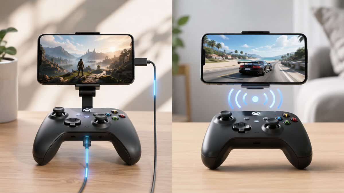 Wired versus wireless best phone controller setups compared side by side, each with a phone mounted above an Xbox-style gamepad