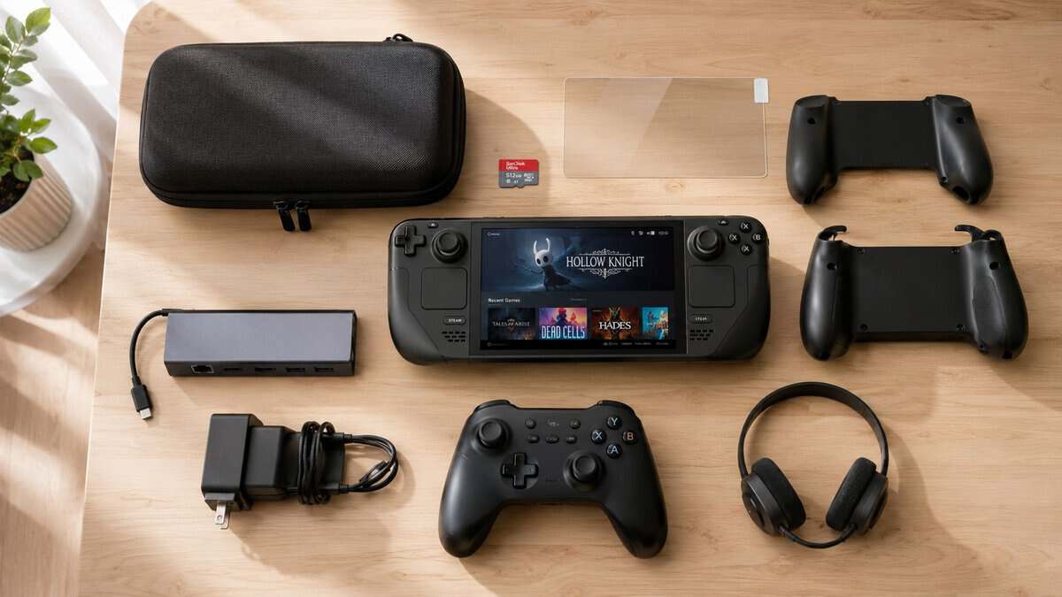 Flat lay of the best Steam Deck accessories: hard shell case, tempered glass protector, microSD card, USB-C hub, grip cases, controller, and headphones arranged around the Deck