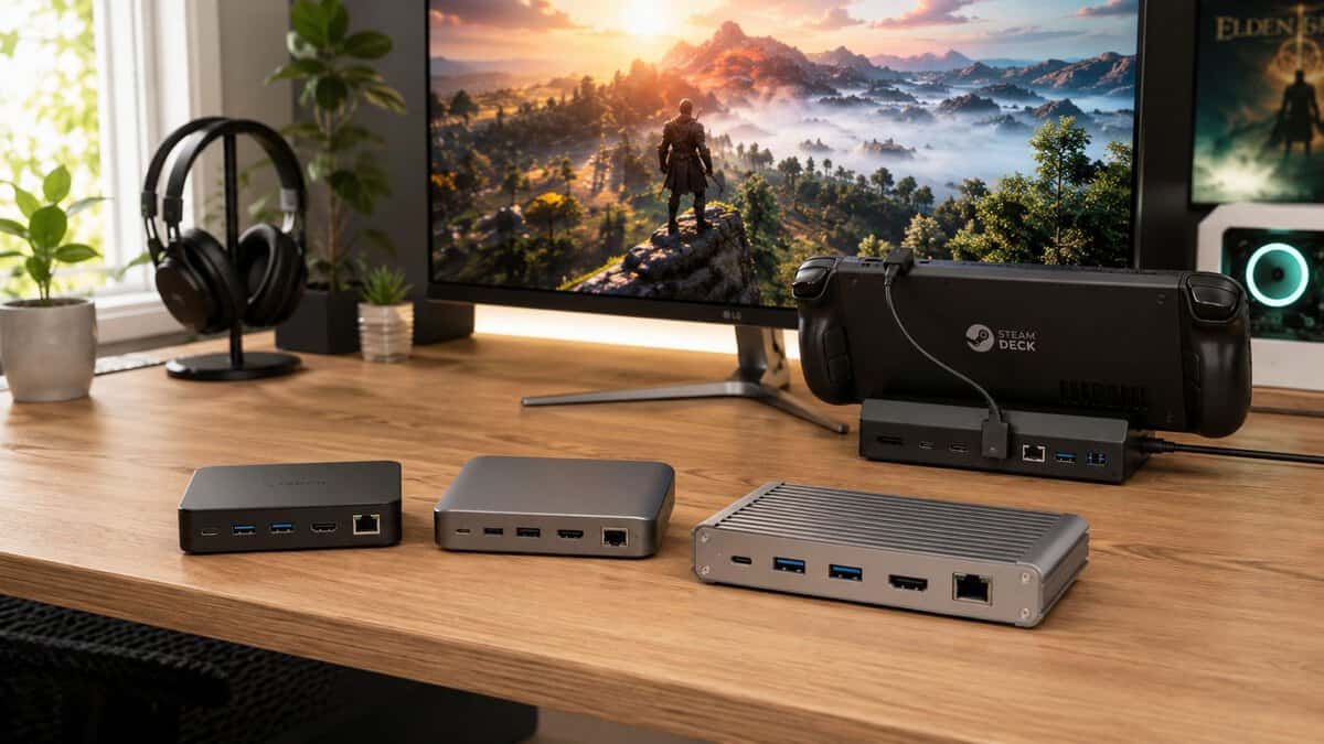 Three of the best Steam Deck dock options lined up on a desk beside a docked handheld
