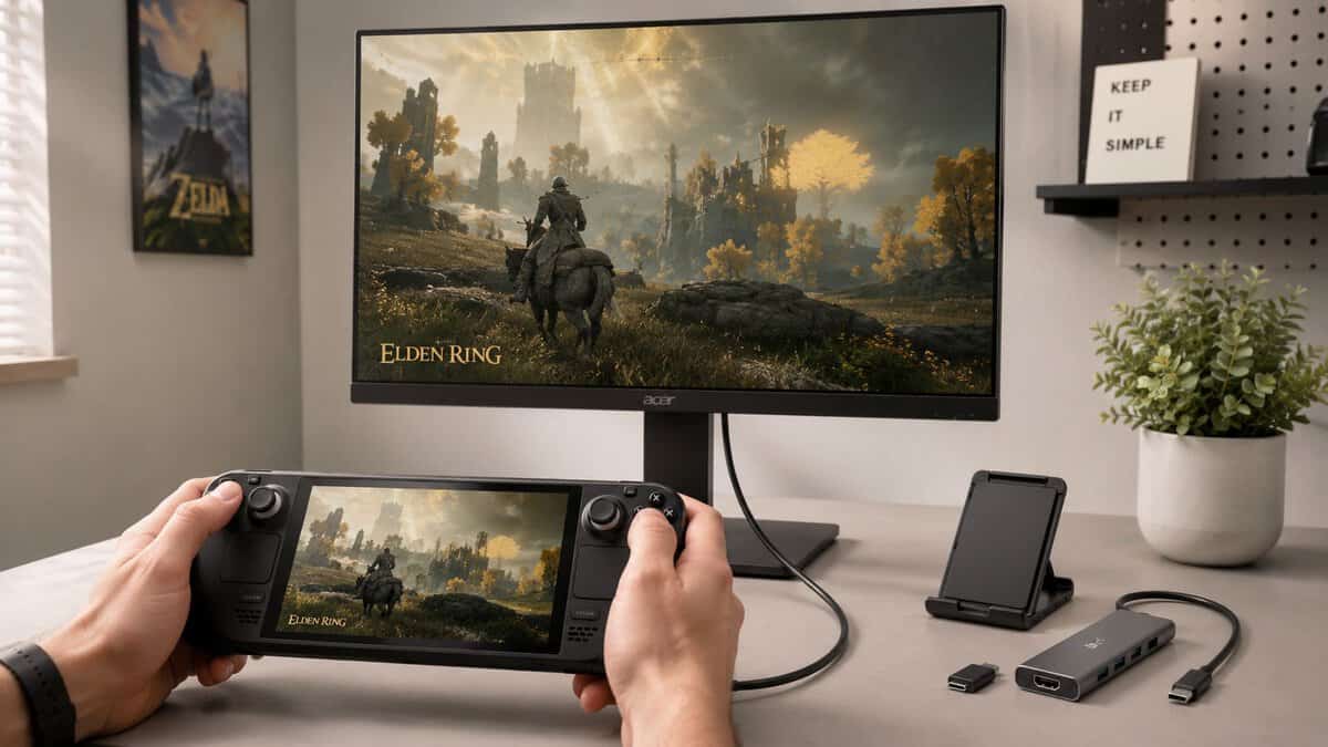 Gaming setup built around the best Steam Deck dock with an external monitor and controller