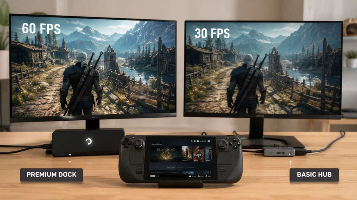 Comparing performance of the best Steam Deck dock picks with a docked console and monitor
