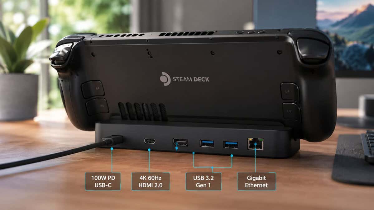 Steam Deck sitting in the best Steam Deck dock while connected to a TV for big-screen play
