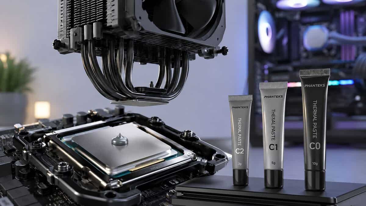 Tower CPU cooler lowering onto a fresh dot of the best thermal paste on a CPU with paste tubes lined up beside a gaming PC