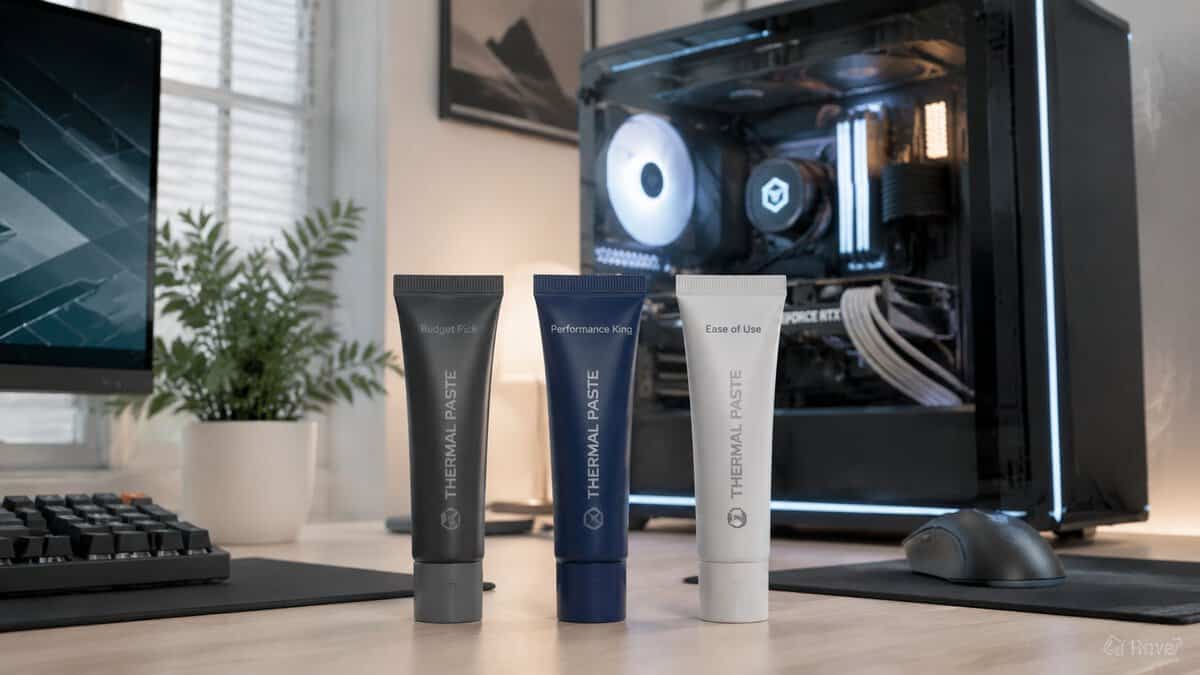 Three tubes of the best thermal paste on a desk in front of a budget gaming PC with RGB cooling