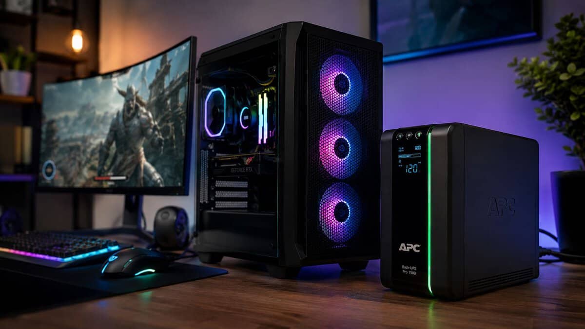 Best UPS for a gaming PC glowing under a desk beside an RGB gaming tower and dual monitors
