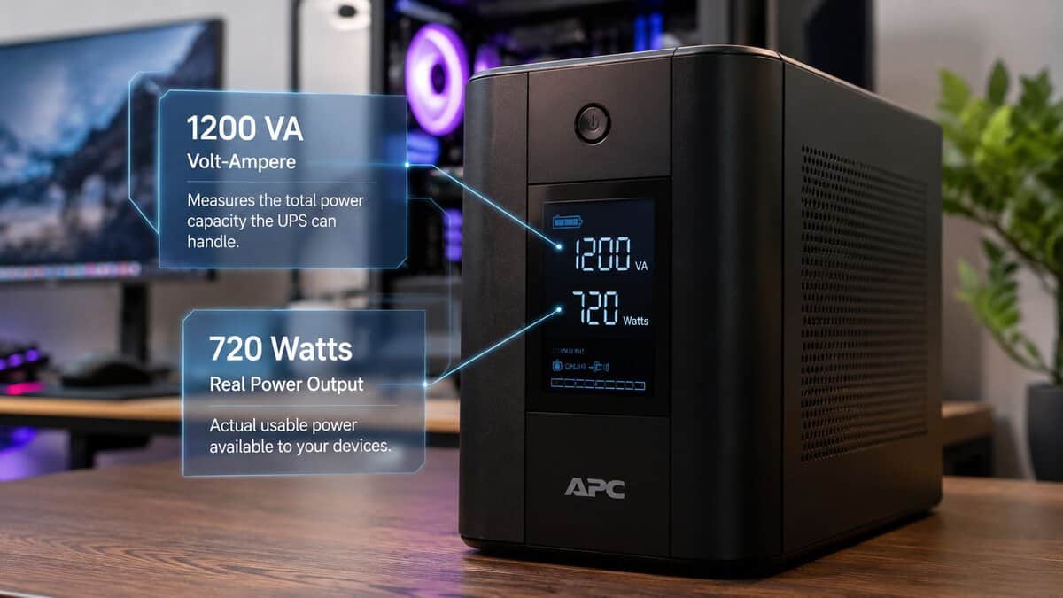 Close-up of the best UPS for a gaming PC showing its LCD status display and outlet bank