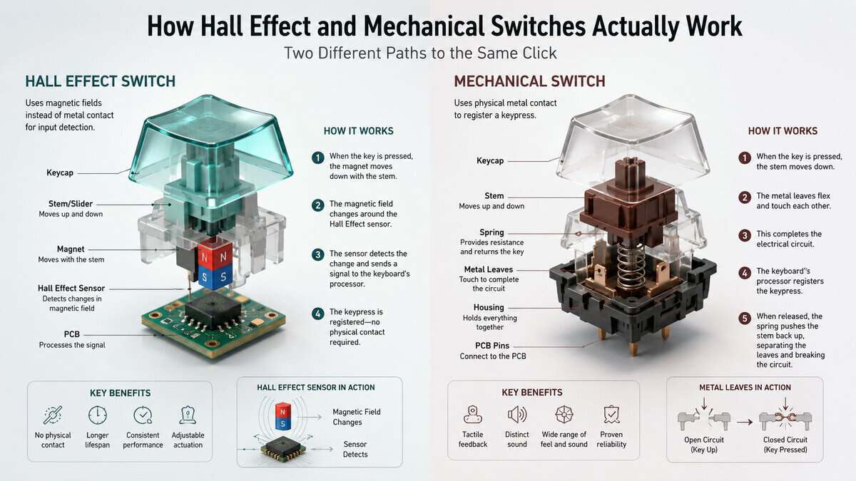 Infographic comparing hall effect vs mechanical keyboard switches with exploded views of a magnetic sensor stack and a metal-contact switch