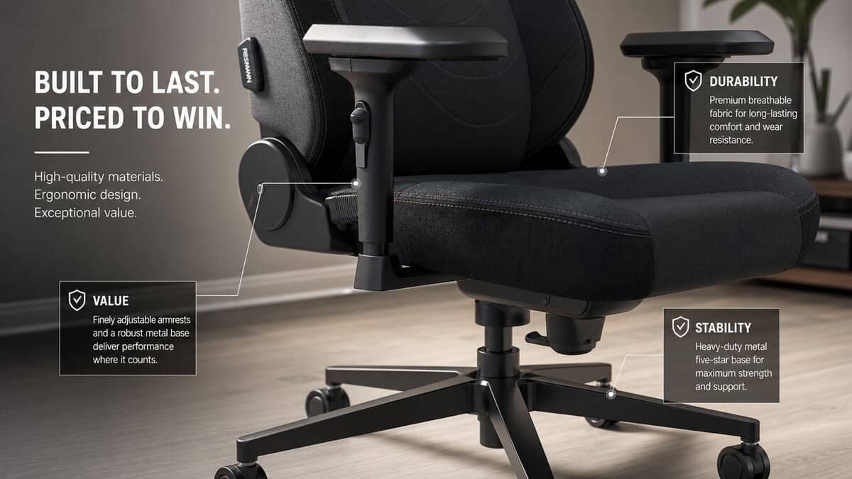 Close-up of a fabric racing gaming chair seat, adjustable armrests, and steel five-star base