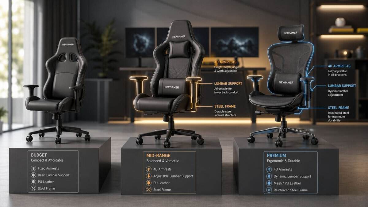 Three racing gaming chair tiers from budget to premium displayed side by side with feature callouts