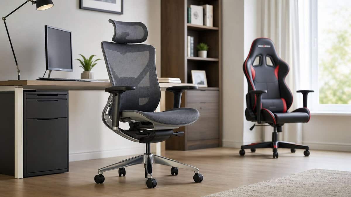 Mesh office chair and a racing gaming chair side by side in a home office