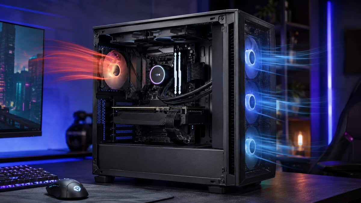 Open gaming PC with cool intake air streaming through the mesh front and warm exhaust leaving the rear, how the best airflow PC case moves heat