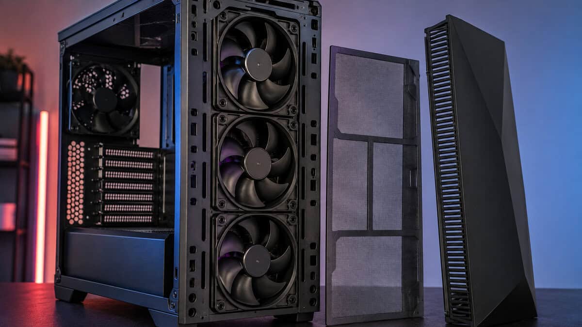 PC case front assembly taken apart to show three preinstalled fans and the dust filter, the included hardware that makes a best airflow PC case a bargain