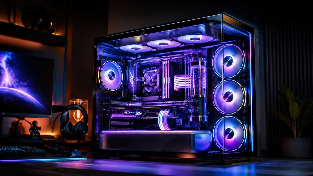 Panoramic glass showcase PC glowing purple, the aquarium style a best airflow PC case trades away for cooler components