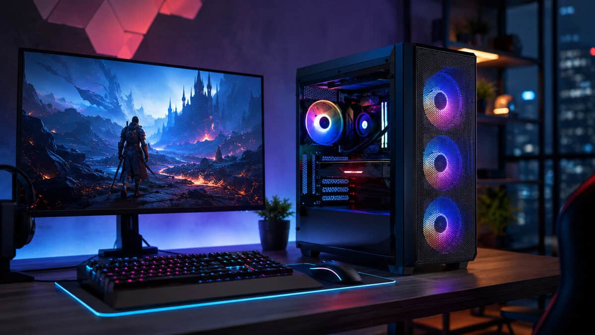 RGB battlestation at night with a mesh front tower glowing beside the monitor, the look a best airflow PC case build lands out of the box